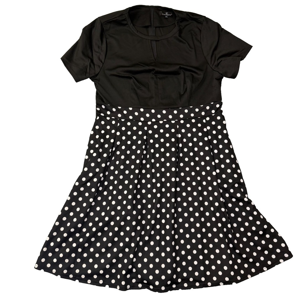 Yathon Womens 2XL Black Polka Dot Fit and Flare Keyhole Short Sleeve Dress